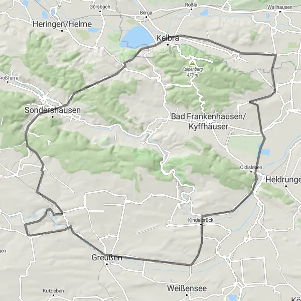 Map miniature of "Journey through the Kyffhäuser Mountains" cycling inspiration in Thüringen, Germany. Generated by Tarmacs.app cycling route planner