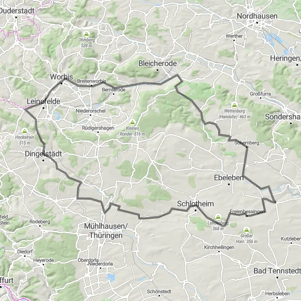 Karten-Miniaturansicht der Radinspiration "Radtour durch Obergebra-Löhchen-Thüringenhausen" in Thüringen, Germany. Erstellt vom Tarmacs.app-Routenplaner für Radtouren