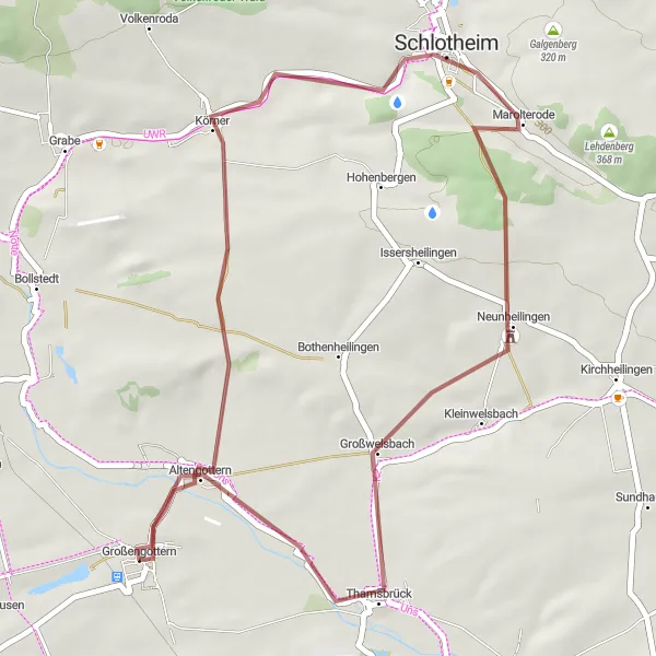 Karten-Miniaturansicht der Radinspiration "Entdeckungstour von Körner nach Altengottern" in Thüringen, Germany. Erstellt vom Tarmacs.app-Routenplaner für Radtouren