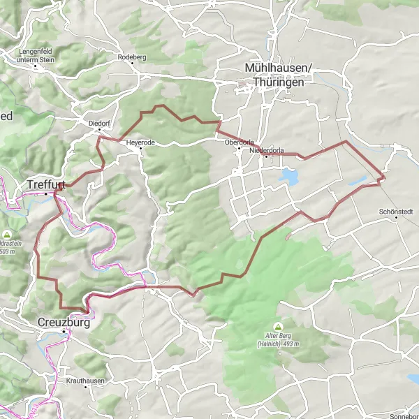 Karten-Miniaturansicht der Radinspiration "Gravel-Abenteuer von Heroldishausen nach Seebach" in Thüringen, Germany. Erstellt vom Tarmacs.app-Routenplaner für Radtouren