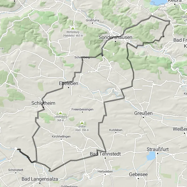Map miniature of "To the Hills and Back" cycling inspiration in Thüringen, Germany. Generated by Tarmacs.app cycling route planner