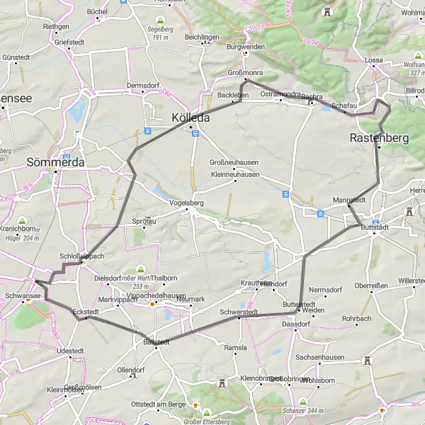 Map miniature of "Discovering the Villages of Thuringia" cycling inspiration in Thüringen, Germany. Generated by Tarmacs.app cycling route planner