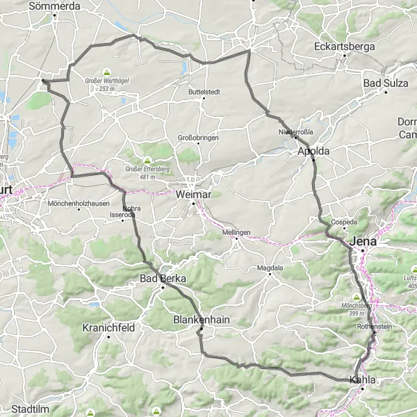 Karten-Miniaturansicht der Radinspiration "Rundfahrt von Großrudestedt" in Thüringen, Germany. Erstellt vom Tarmacs.app-Routenplaner für Radtouren