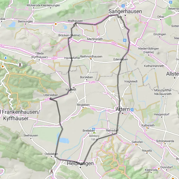 Karten-Miniaturansicht der Radinspiration "Hügelige Straßentour nach Wasserburg Heldrungen" in Thüringen, Germany. Erstellt vom Tarmacs.app-Routenplaner für Radtouren