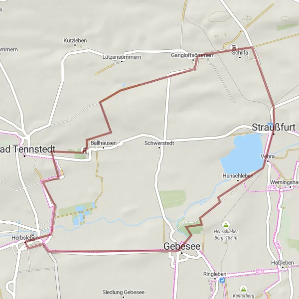 Map miniature of "Scenic Loop to Gangloffsömmern and Klausberg" cycling inspiration in Thüringen, Germany. Generated by Tarmacs.app cycling route planner
