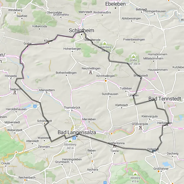 Map miniature of "Bad Langensalza and Schloßruine Herbsleben Road Adventure" cycling inspiration in Thüringen, Germany. Generated by Tarmacs.app cycling route planner