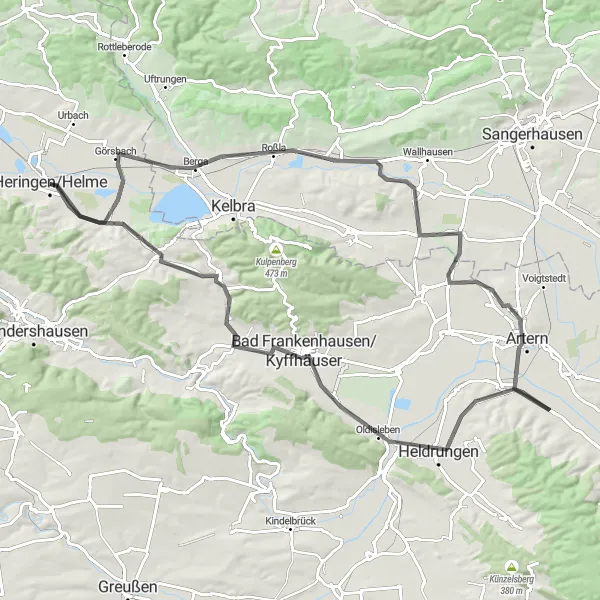 Map miniature of "Helme Valley Circuit" cycling inspiration in Thüringen, Germany. Generated by Tarmacs.app cycling route planner