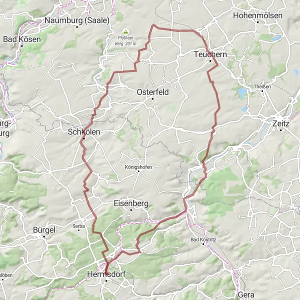 Karten-Miniaturansicht der Radinspiration "Gravel-Rundtour Hermsdorf - Schkölen - Buchberg - Bad Klosterlausnitz" in Thüringen, Germany. Erstellt vom Tarmacs.app-Routenplaner für Radtouren