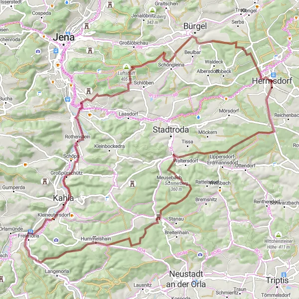 Karten-Miniaturansicht der Radinspiration "Gravel-Abenteuer durch Tröbnitz und Umgebung" in Thüringen, Germany. Erstellt vom Tarmacs.app-Routenplaner für Radtouren