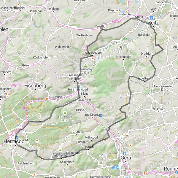 Karten-Miniaturansicht der Radinspiration "Rundtour durch Bad Klosterlausnitz und Umgebung" in Thüringen, Germany. Erstellt vom Tarmacs.app-Routenplaner für Radtouren