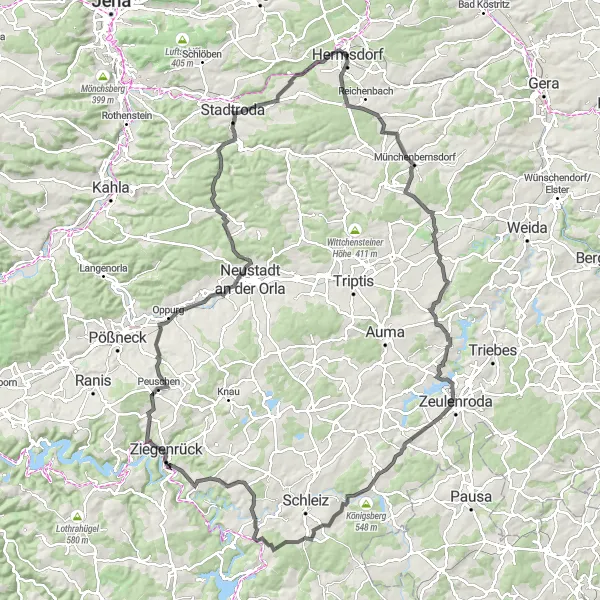 Karten-Miniaturansicht der Radinspiration "Rundtour Hermsdorf - Kirschkau - Oppurg - Herrengarten" in Thüringen, Germany. Erstellt vom Tarmacs.app-Routenplaner für Radtouren