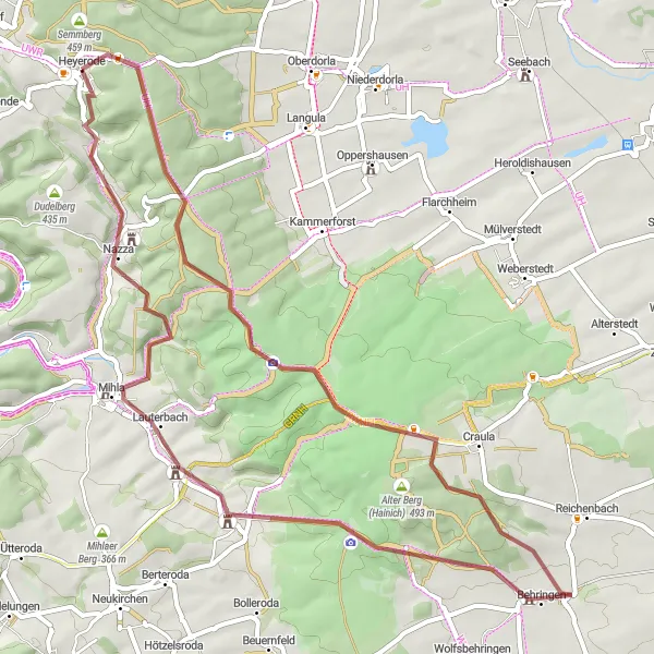 Map miniature of "The Hainich Gravel Loop" cycling inspiration in Thüringen, Germany. Generated by Tarmacs.app cycling route planner