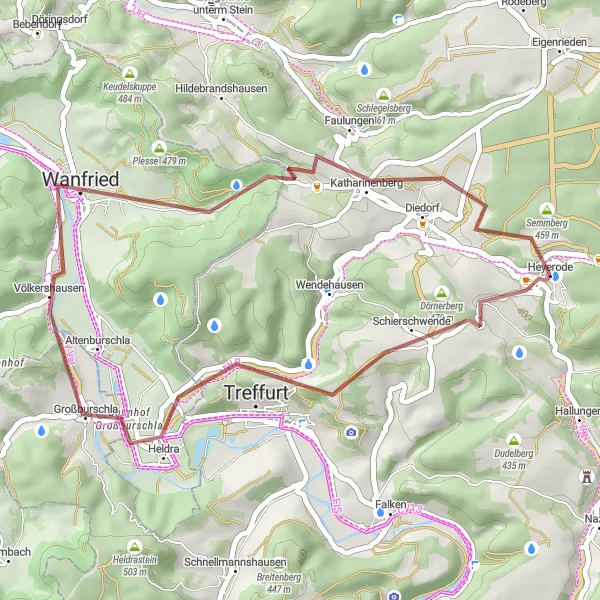 Map miniature of "The Treffurt Exploration" cycling inspiration in Thüringen, Germany. Generated by Tarmacs.app cycling route planner