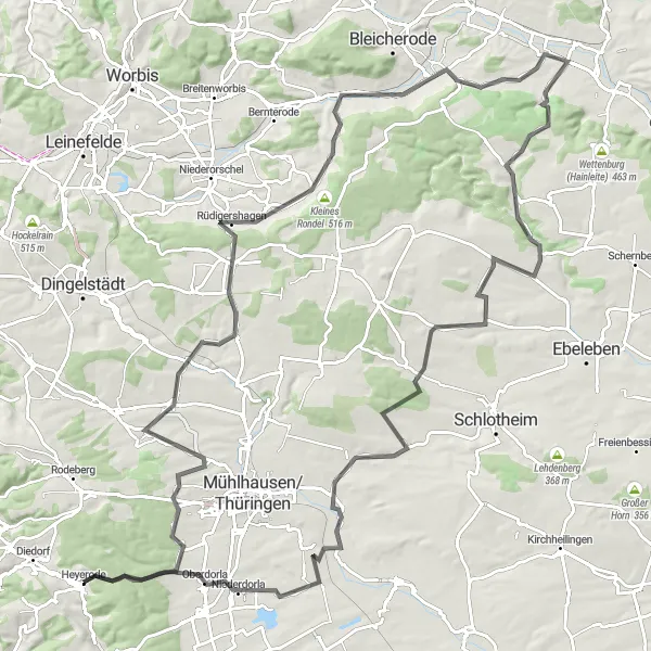 Karten-Miniaturansicht der Radinspiration "Rund um Heyerode und Oberdorla" in Thüringen, Germany. Erstellt vom Tarmacs.app-Routenplaner für Radtouren