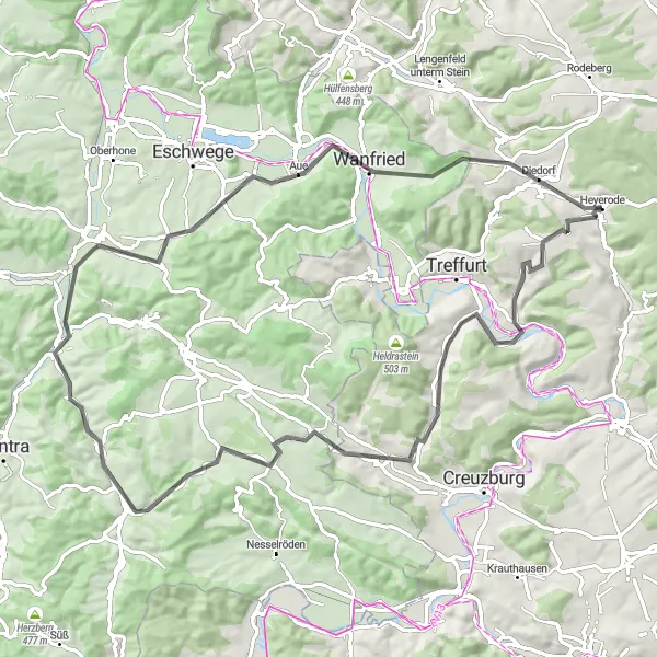 Map miniature of "The Wanfried Highlights Ride" cycling inspiration in Thüringen, Germany. Generated by Tarmacs.app cycling route planner