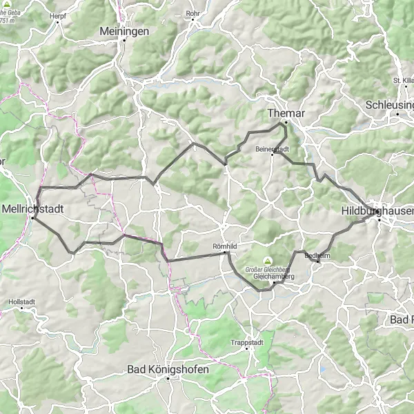 Map miniature of "Explore the Countryside by Road Bike" cycling inspiration in Thüringen, Germany. Generated by Tarmacs.app cycling route planner