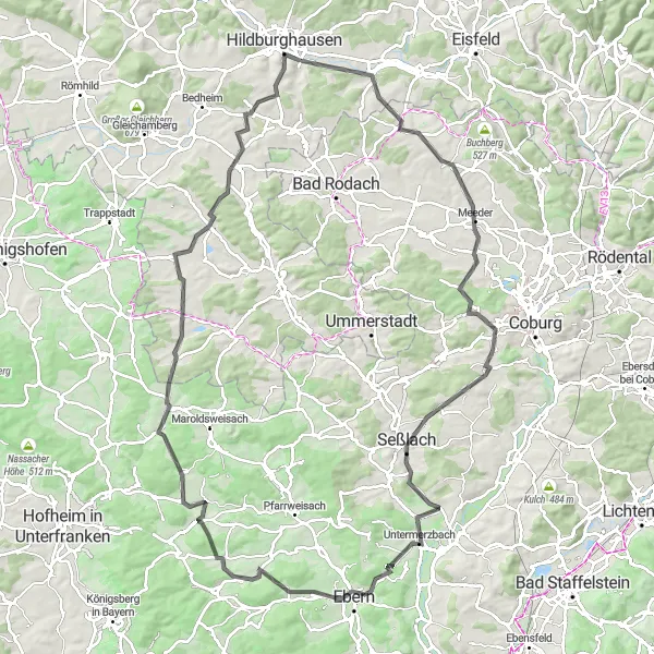 Map miniature of "Challenging Road Ride with Spectacular Views" cycling inspiration in Thüringen, Germany. Generated by Tarmacs.app cycling route planner