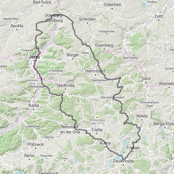 Map miniature of "The Riverside Loop" cycling inspiration in Thüringen, Germany. Generated by Tarmacs.app cycling route planner