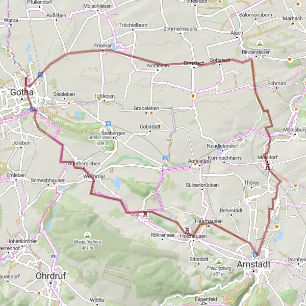 Map miniature of "Gravel route: Ichtershausen to Schloß Molsdorf" cycling inspiration in Thüringen, Germany. Generated by Tarmacs.app cycling route planner