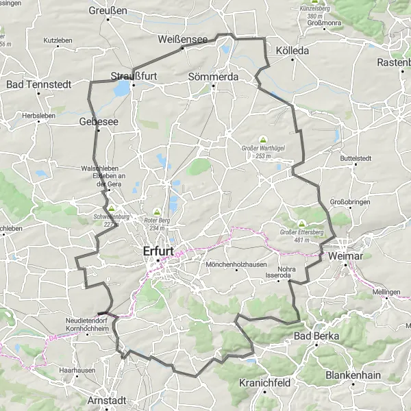 Map miniature of "Road route: Ichtershausen - Elxleben Loop" cycling inspiration in Thüringen, Germany. Generated by Tarmacs.app cycling route planner