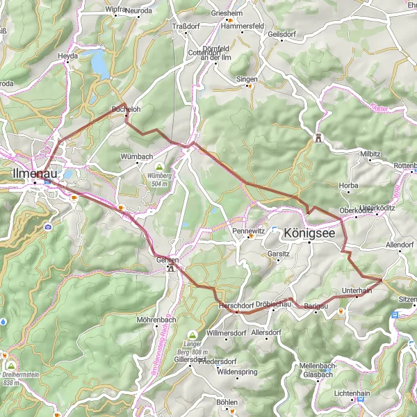 Map miniature of "Wolfsberg Gravel Loop" cycling inspiration in Thüringen, Germany. Generated by Tarmacs.app cycling route planner