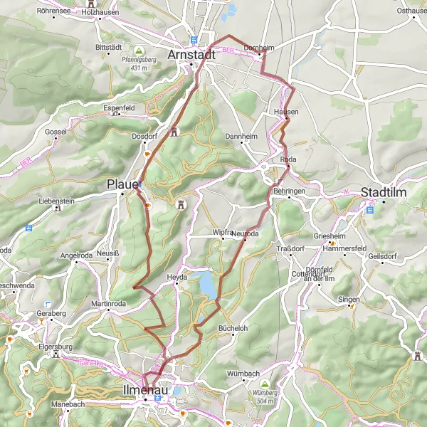 Map miniature of "Discovering Thuringia's Gravel Paths" cycling inspiration in Thüringen, Germany. Generated by Tarmacs.app cycling route planner