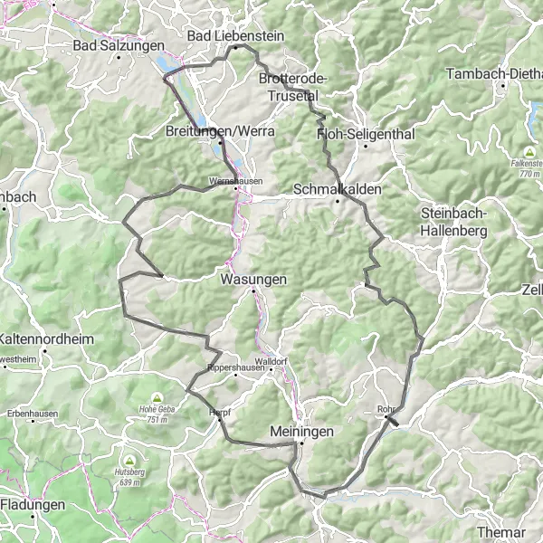 Map miniature of "The Thüringen Road Challenge" cycling inspiration in Thüringen, Germany. Generated by Tarmacs.app cycling route planner