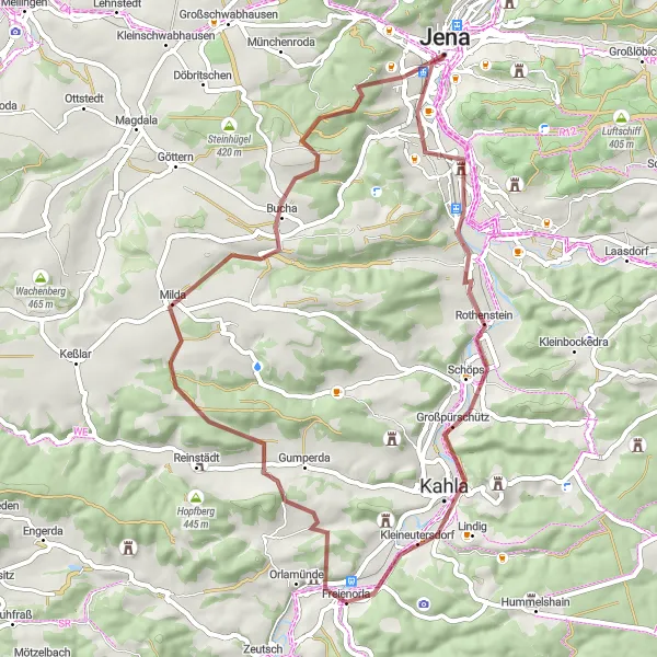 Karten-Miniaturansicht der Radinspiration "Gravel-Rundweg um Jena" in Thüringen, Germany. Erstellt vom Tarmacs.app-Routenplaner für Radtouren