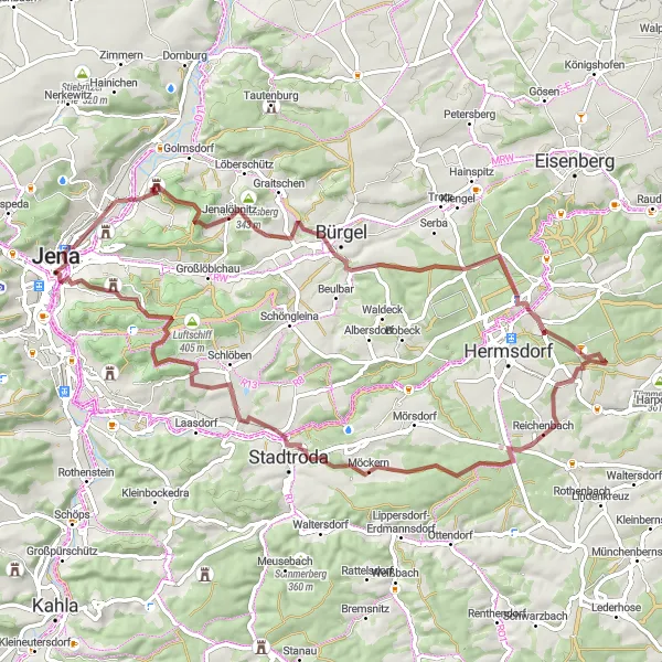 Karten-Miniaturansicht der Radinspiration "Gravel-Tour rund um Jena und Stadtroda" in Thüringen, Germany. Erstellt vom Tarmacs.app-Routenplaner für Radtouren