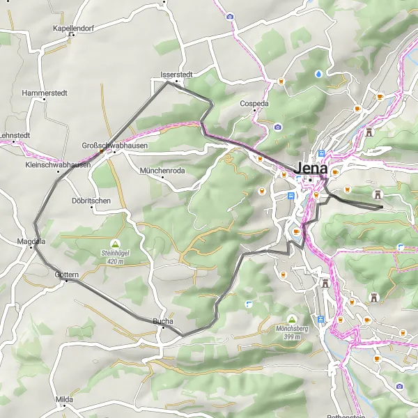 Karten-Miniaturansicht der Radinspiration "Road-Tour durch die Kernberge und historischen Orte" in Thüringen, Germany. Erstellt vom Tarmacs.app-Routenplaner für Radtouren