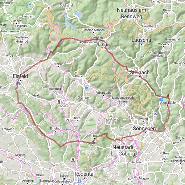 Map miniature of "Scenic Gravel Adventure to Sachsenbrunn" cycling inspiration in Thüringen, Germany. Generated by Tarmacs.app cycling route planner
