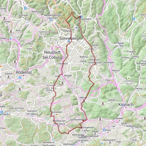 Map miniature of "Föritz and Sonnefeld Gravel Escape" cycling inspiration in Thüringen, Germany. Generated by Tarmacs.app cycling route planner