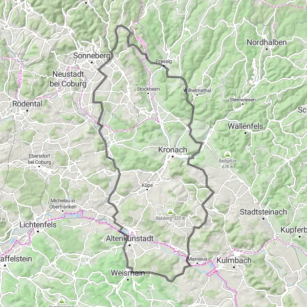 Karten-Miniaturansicht der Radinspiration "Knock und Hessenhöhe" in Thüringen, Germany. Erstellt vom Tarmacs.app-Routenplaner für Radtouren
