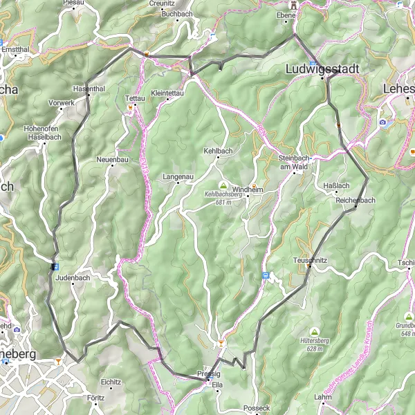 Karten-Miniaturansicht der Radinspiration "Bocksberg und Pressiger Berg" in Thüringen, Germany. Erstellt vom Tarmacs.app-Routenplaner für Radtouren