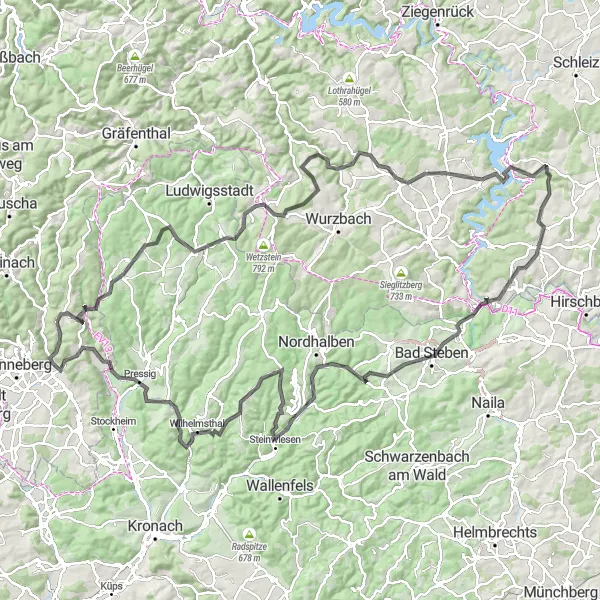 Karten-Miniaturansicht der Radinspiration "Schauberg und Wilhelmsthal" in Thüringen, Germany. Erstellt vom Tarmacs.app-Routenplaner für Radtouren
