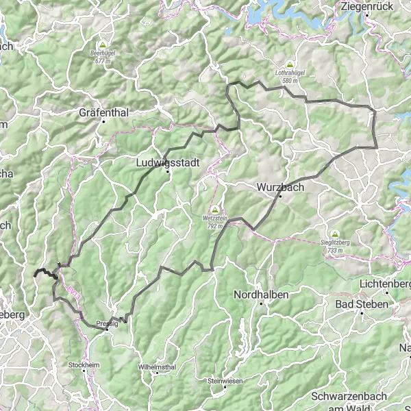 Map miniature of "Thrilling Adventure through the Thuringian Forest" cycling inspiration in Thüringen, Germany. Generated by Tarmacs.app cycling route planner