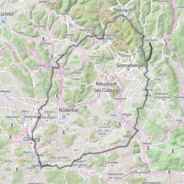 Map miniature of "Scenic Tour through Coburg and Sonneberg" cycling inspiration in Thüringen, Germany. Generated by Tarmacs.app cycling route planner