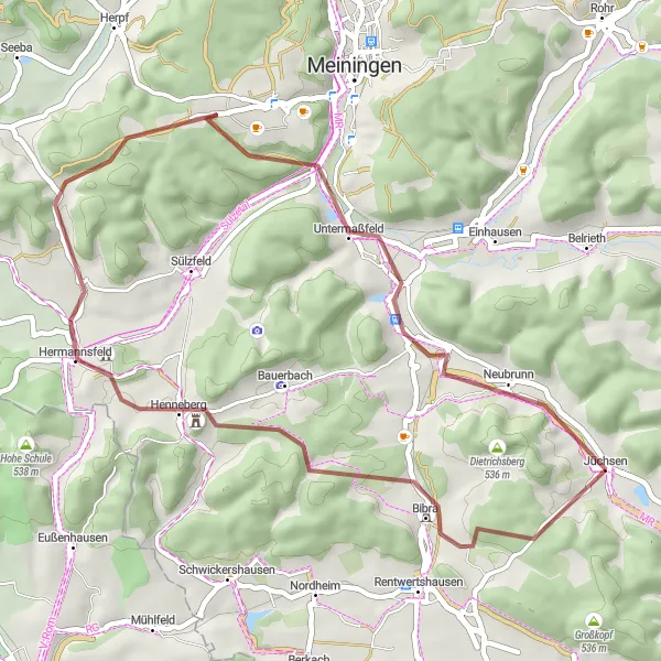 Karten-Miniaturansicht der Radinspiration "Ransberg und Henneberg Entdeckungstour" in Thüringen, Germany. Erstellt vom Tarmacs.app-Routenplaner für Radtouren
