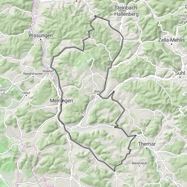 Karten-Miniaturansicht der Radinspiration "Abenteuerliche Tour um Meiningen" in Thüringen, Germany. Erstellt vom Tarmacs.app-Routenplaner für Radtouren