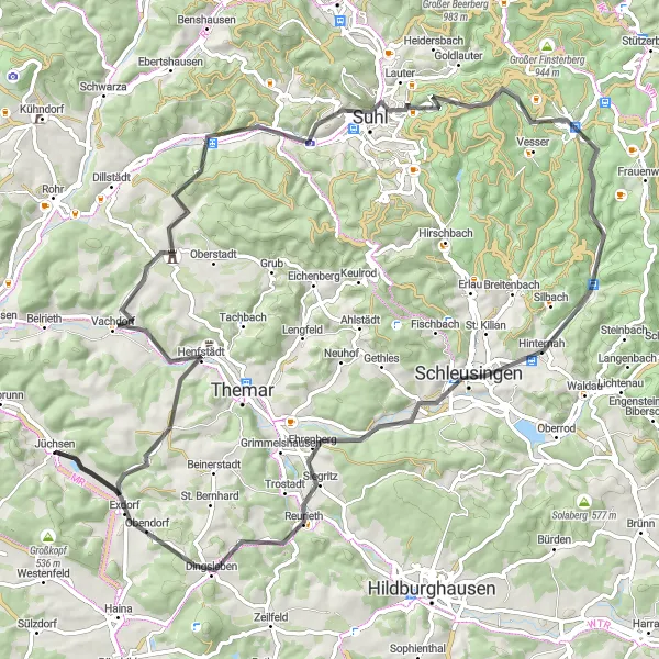 Karten-Miniaturansicht der Radinspiration "Thüringer Höhen und Täler" in Thüringen, Germany. Erstellt vom Tarmacs.app-Routenplaner für Radtouren