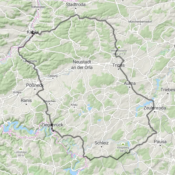 Map miniature of "Thuringian Hills Road Trip" cycling inspiration in Thüringen, Germany. Generated by Tarmacs.app cycling route planner