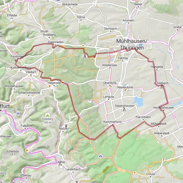 Map miniature of "Scenic Gravel Ride to Mühlhausen" cycling inspiration in Thüringen, Germany. Generated by Tarmacs.app cycling route planner