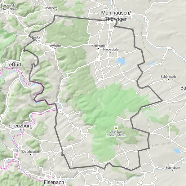 Map miniature of "Thuringian Lion and Treetop Path" cycling inspiration in Thüringen, Germany. Generated by Tarmacs.app cycling route planner