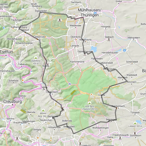 Map miniature of "Roads Less Traveled: Felchta and Der Löwe" cycling inspiration in Thüringen, Germany. Generated by Tarmacs.app cycling route planner