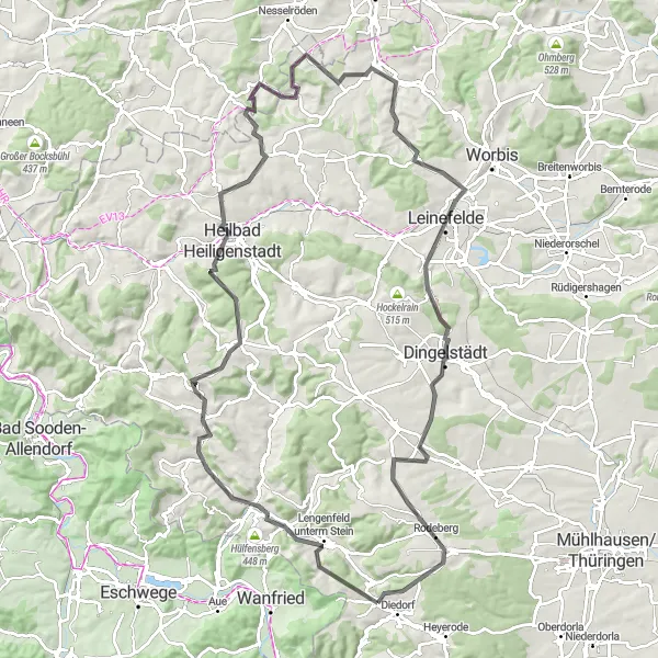 Map miniature of "The Hills of Heilbad Heiligenstadt" cycling inspiration in Thüringen, Germany. Generated by Tarmacs.app cycling route planner