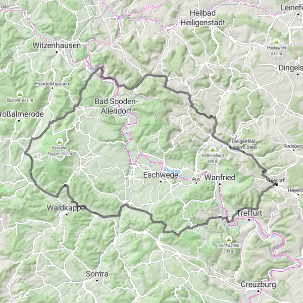 Karten-Miniaturansicht der Radinspiration "Treffurt-Hässelkuppe Rundtour" in Thüringen, Germany. Erstellt vom Tarmacs.app-Routenplaner für Radtouren