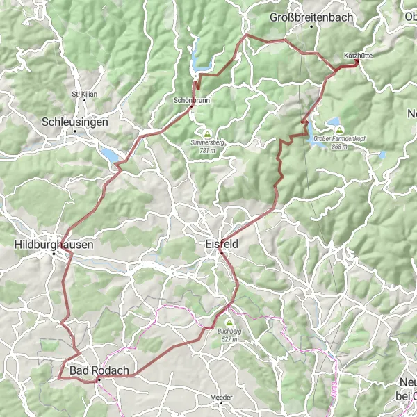 Map miniature of "Gravel Adventure: Thuringian Forest Ride" cycling inspiration in Thüringen, Germany. Generated by Tarmacs.app cycling route planner