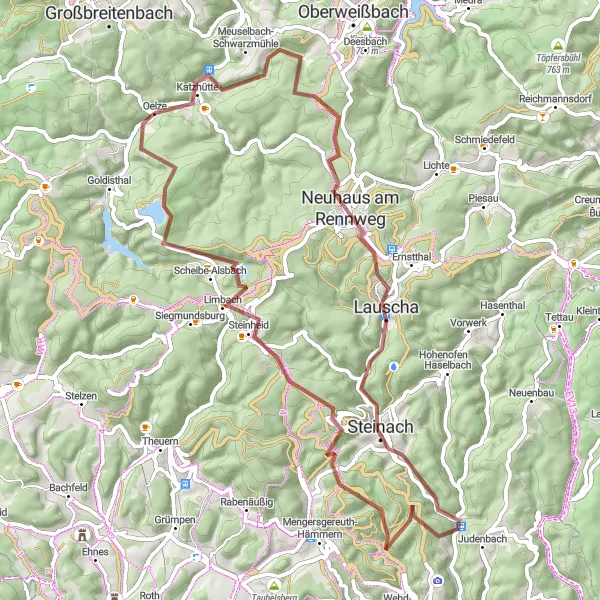 Map miniature of "Gravel Adventure in Thüringen" cycling inspiration in Thüringen, Germany. Generated by Tarmacs.app cycling route planner