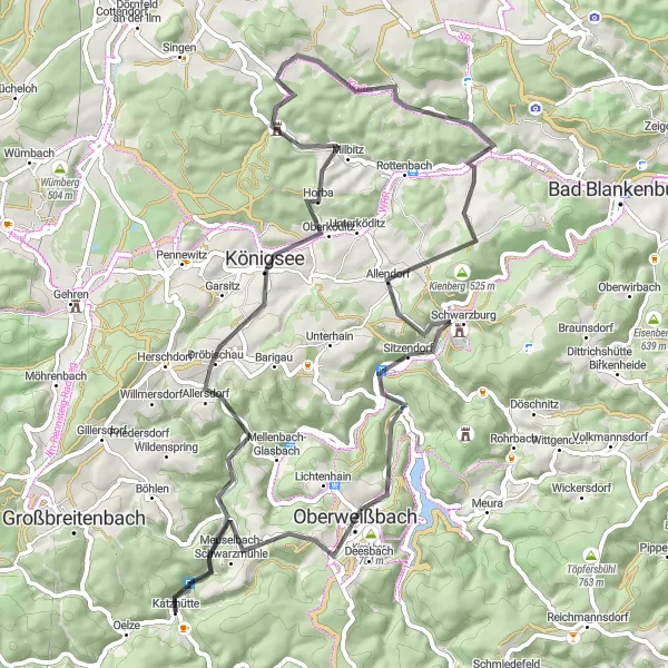 Map miniature of "Milchberg Scenic Road Cycling Route" cycling inspiration in Thüringen, Germany. Generated by Tarmacs.app cycling route planner