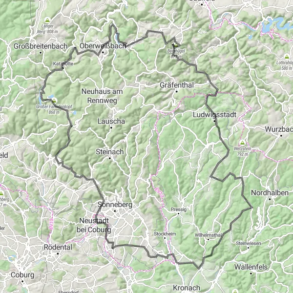 Map miniature of "Meuselbacher Kuppe Road Cycling Route" cycling inspiration in Thüringen, Germany. Generated by Tarmacs.app cycling route planner